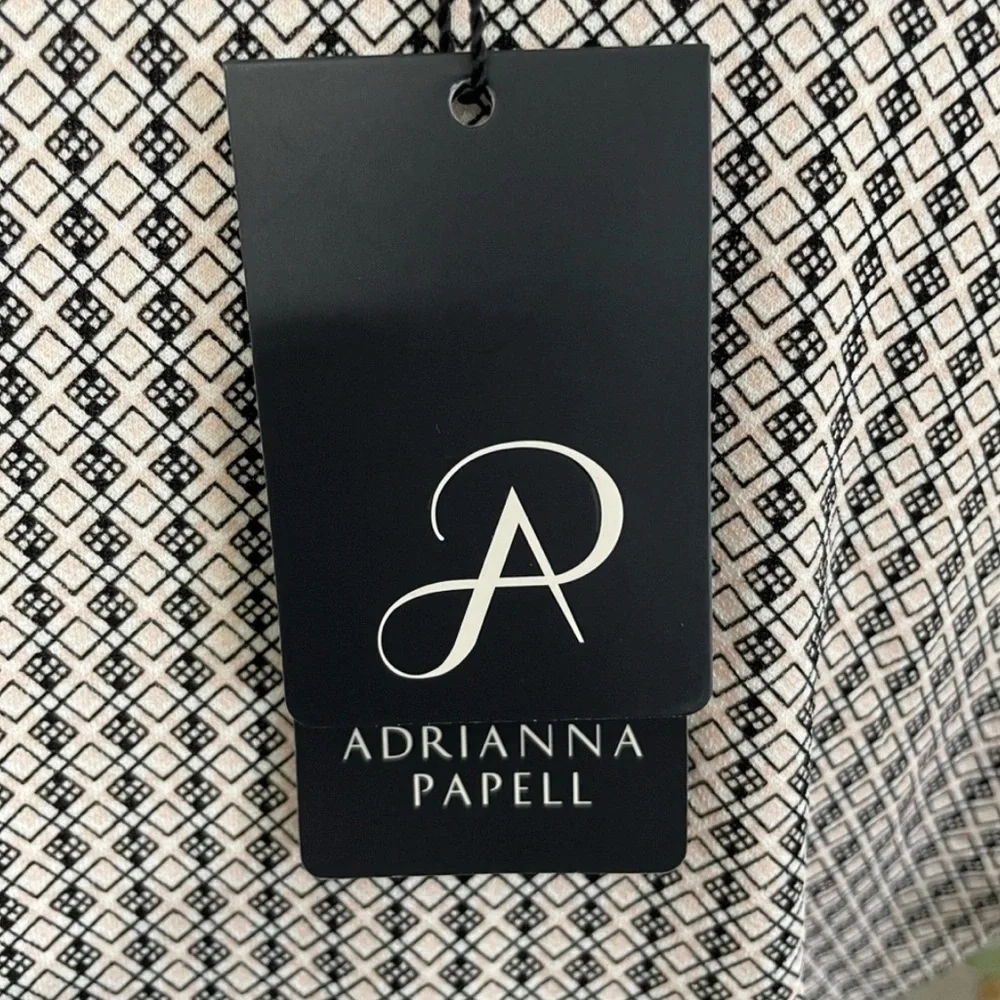Adrianna Papell Tie Neck Blouse S Black Cream Geometric Flutter Sleeve NWT - Picture 8 of 14